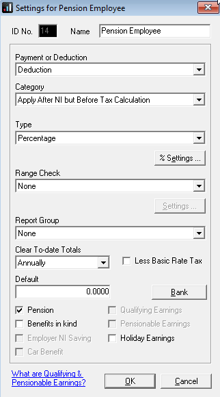 Screen fields for Employee Pension Settings 